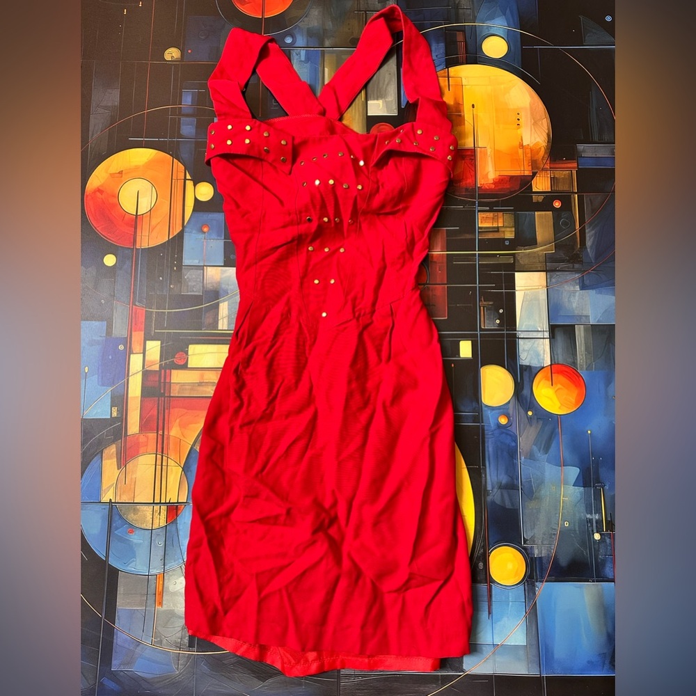 VTG 80s 90s All That Jazz Red Studded Bodycon Dress 5/6 Strappy Cocktail Party
